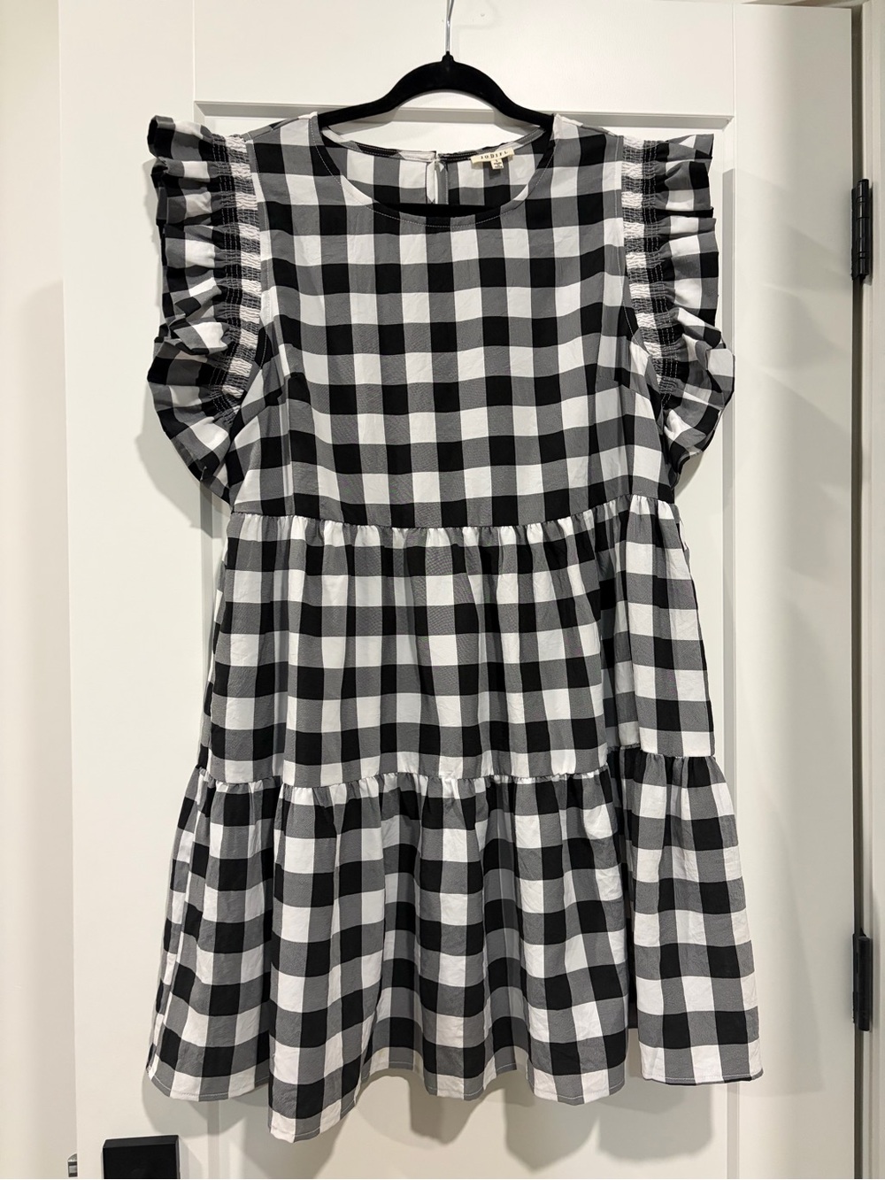 JODIFL Black and White Gingham Ruffle Sleeve Tiered Dress